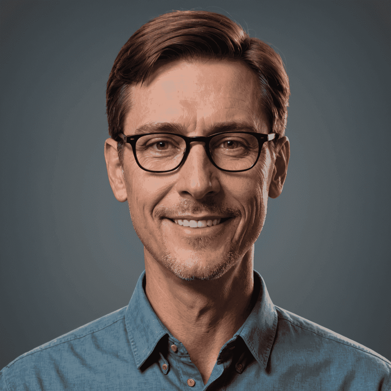 Portrait of John Doe, a 3D modeling expert with 15 years of experience. He has short brown hair, wears glasses, and has a friendly smile.