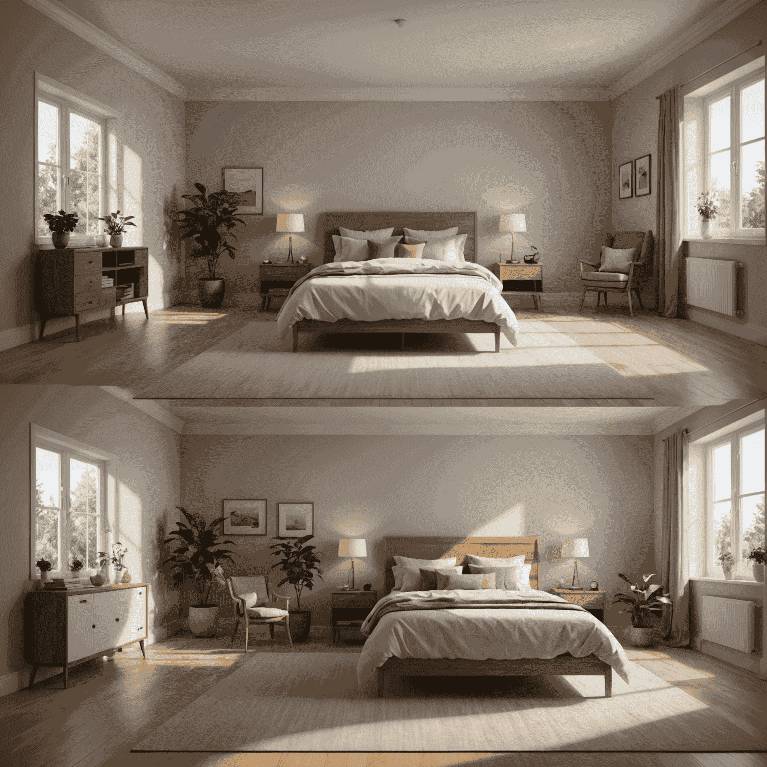 Comparison of a 3D rendered room with and without Global Illumination, showing the difference in light distribution and shadow softness