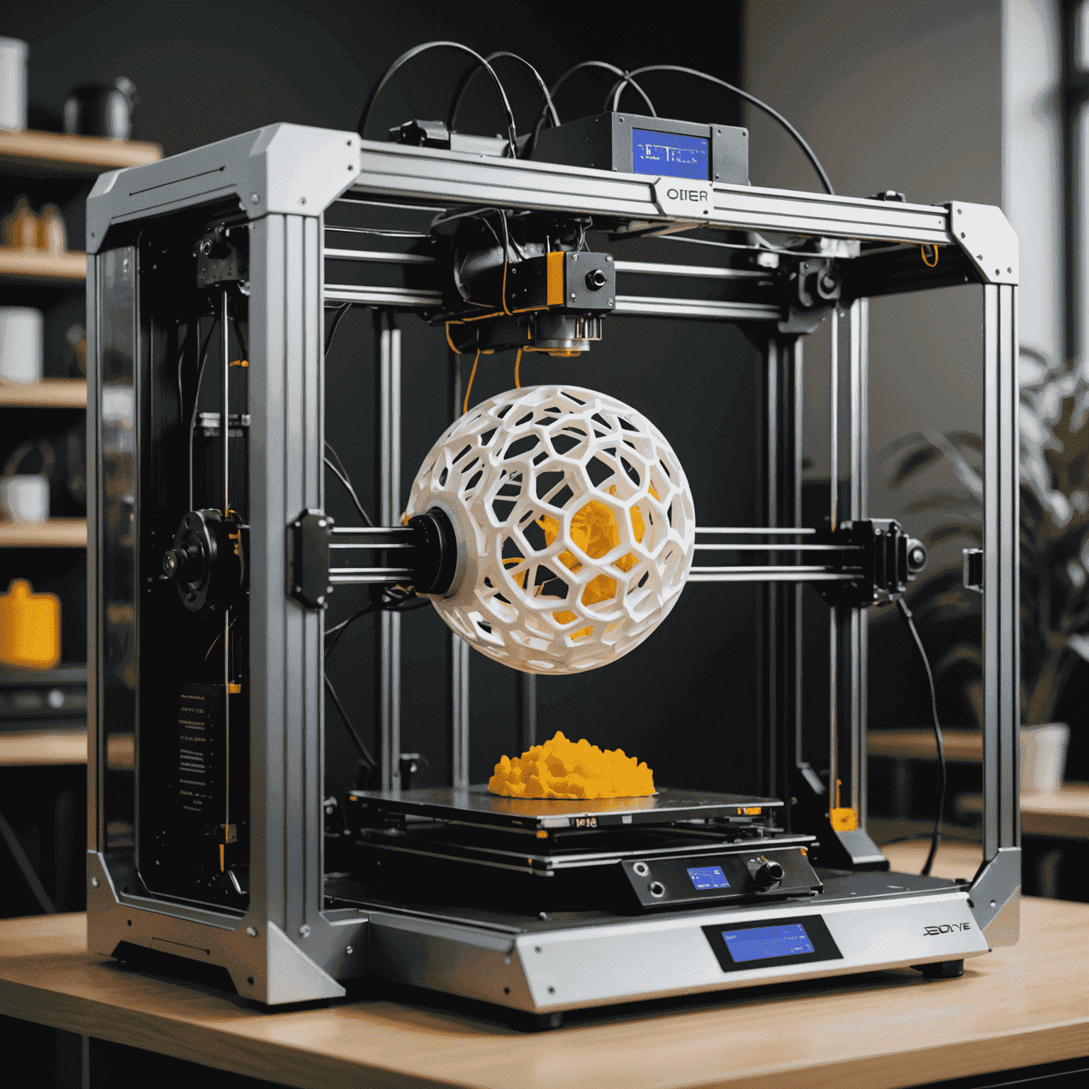 3D printer in action, printing a complex geometric object layer by layer