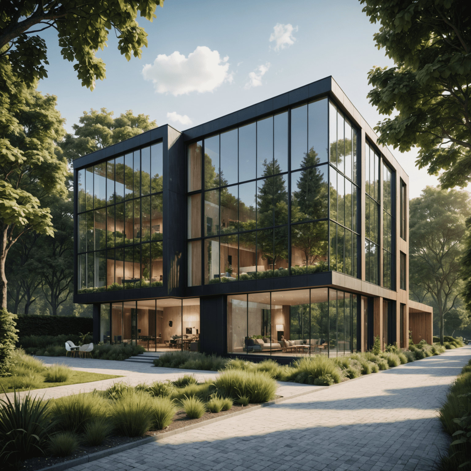 A stunning 3D architectural visualization of a modern building with glass facades and green surroundings, showcasing the power of architectural visualization