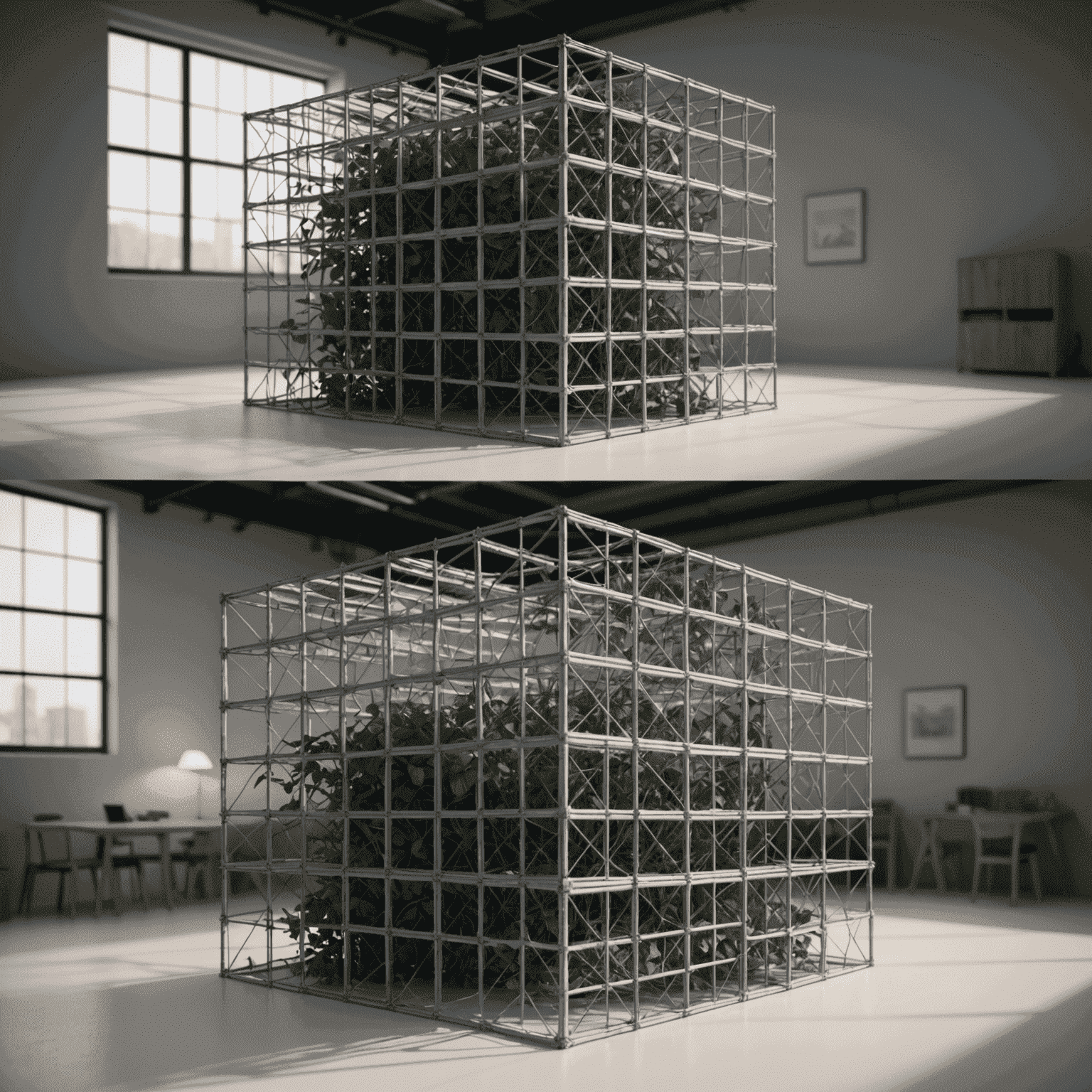 A split-screen image showing a wireframe 3D model on one side and the final rendered visualization on the other, demonstrating the transformation from model to photorealistic image