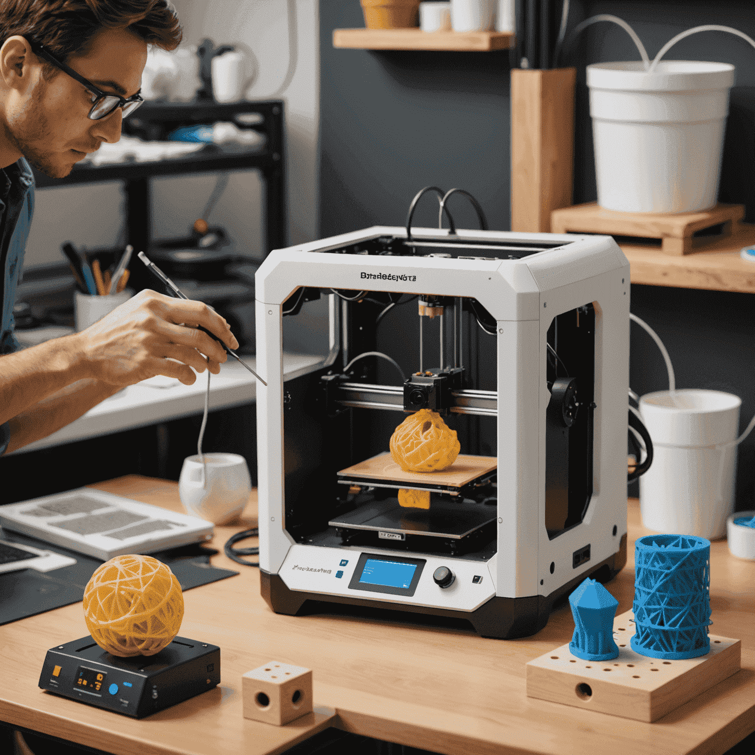 A series of images showing the 3D printing process: a digital 3D model, a 3D printer in action, and the final printed object