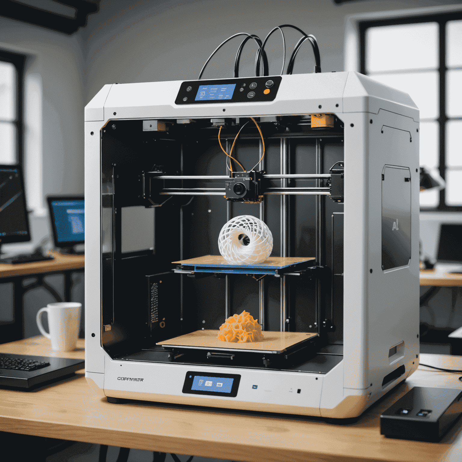 A 3D printer in action, printing a complex object layer by layer, with a digital model displayed on a computer screen nearby