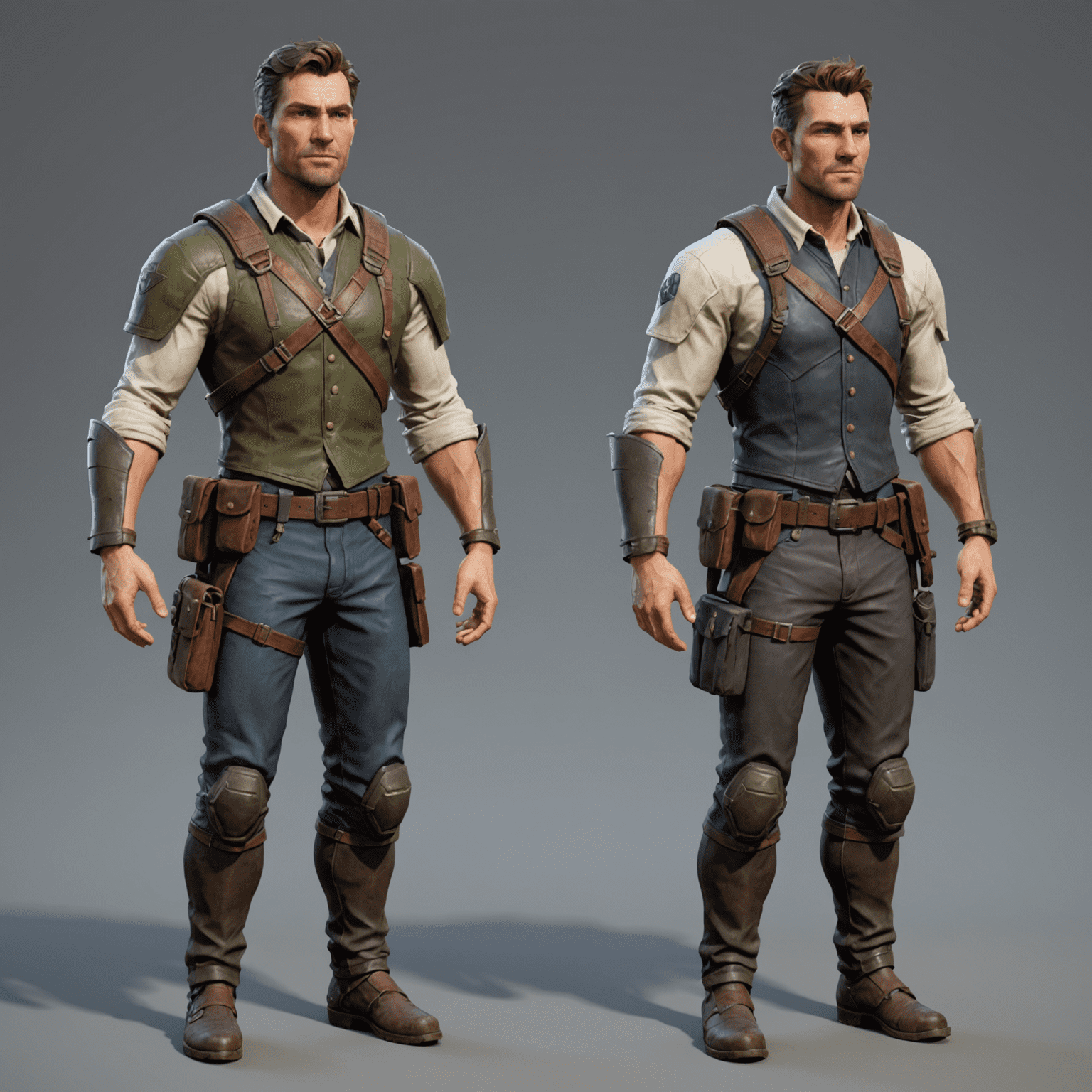 Side-by-side comparison of a high-poly character model and its optimized low-poly version with normal maps applied