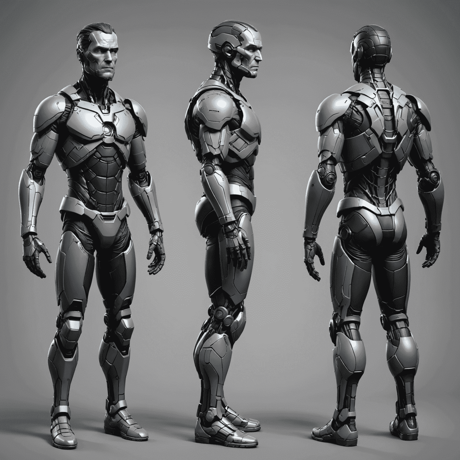 A 3D character model in various stages of development, from wireframe to textured final version