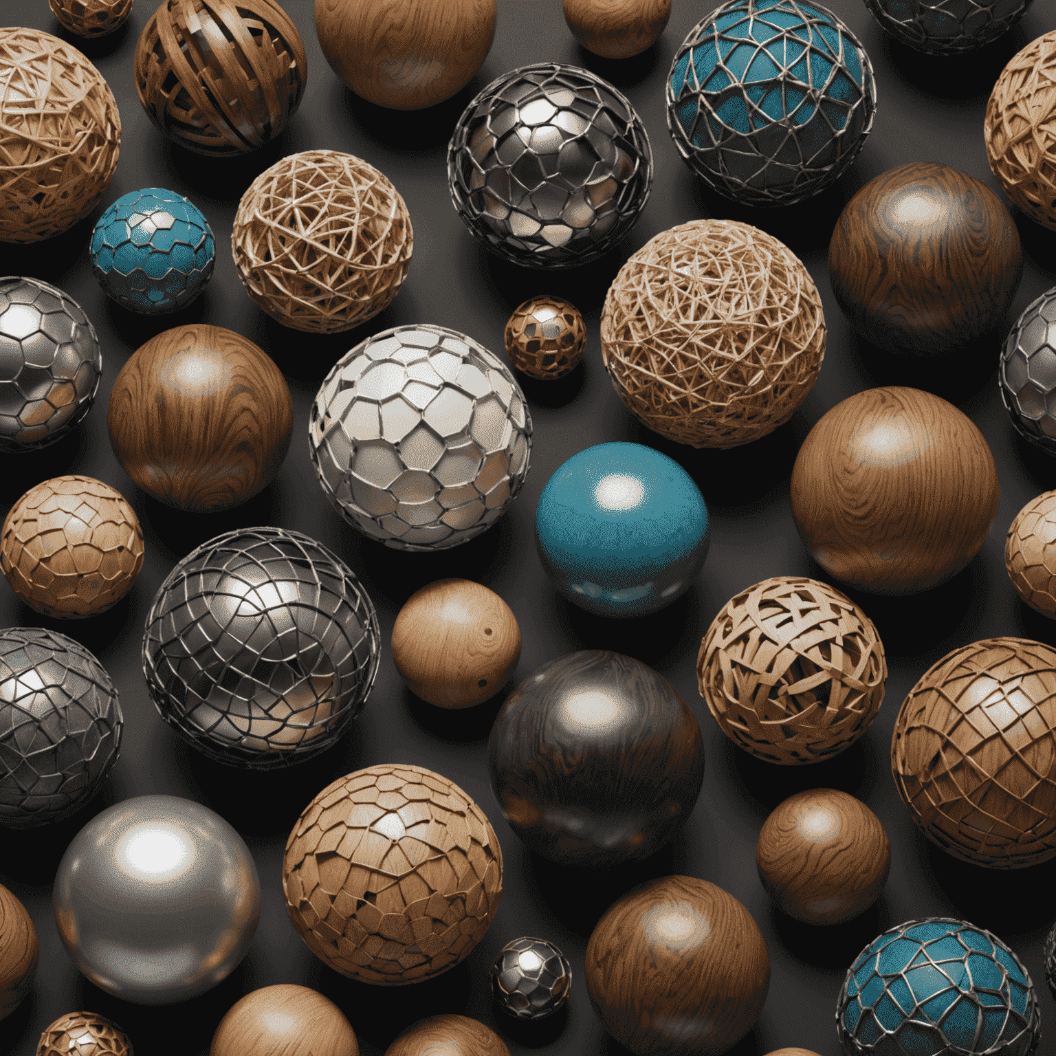 A collection of 3D rendered spheres showcasing various materials (metal, wood, fabric, etc.) using Physical-Based Rendering techniques