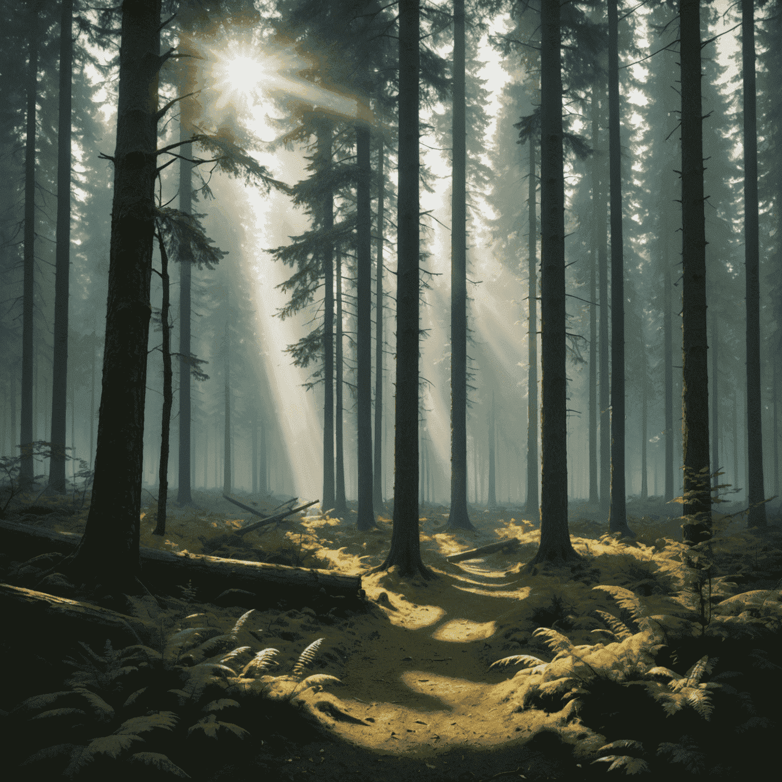 3D rendered forest scene with volumetric lighting shining through trees, creating visible light beams in misty air